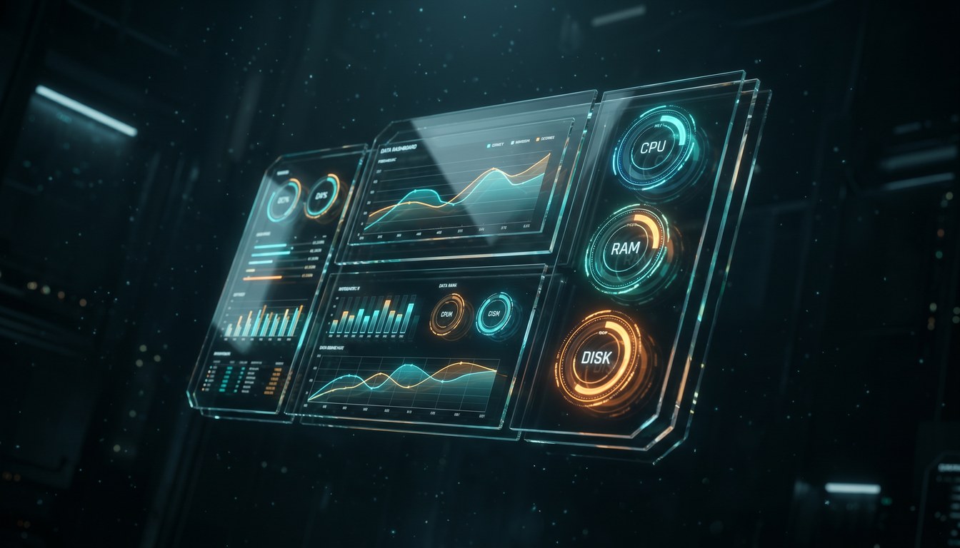 Densely populated CPU memory and storage usage tracking charts with historical reports